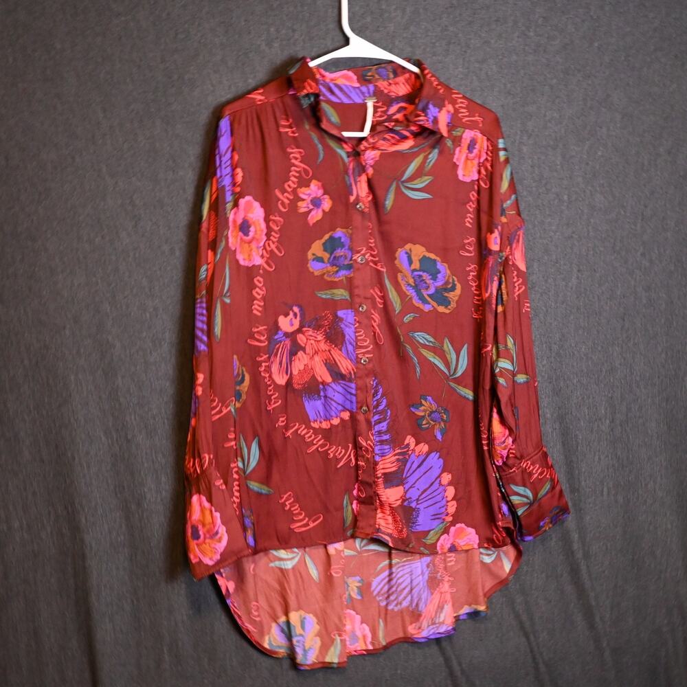 Free People Women's XS Silky Nights Buttondown Blouse Flowy Floral Boho Artsy